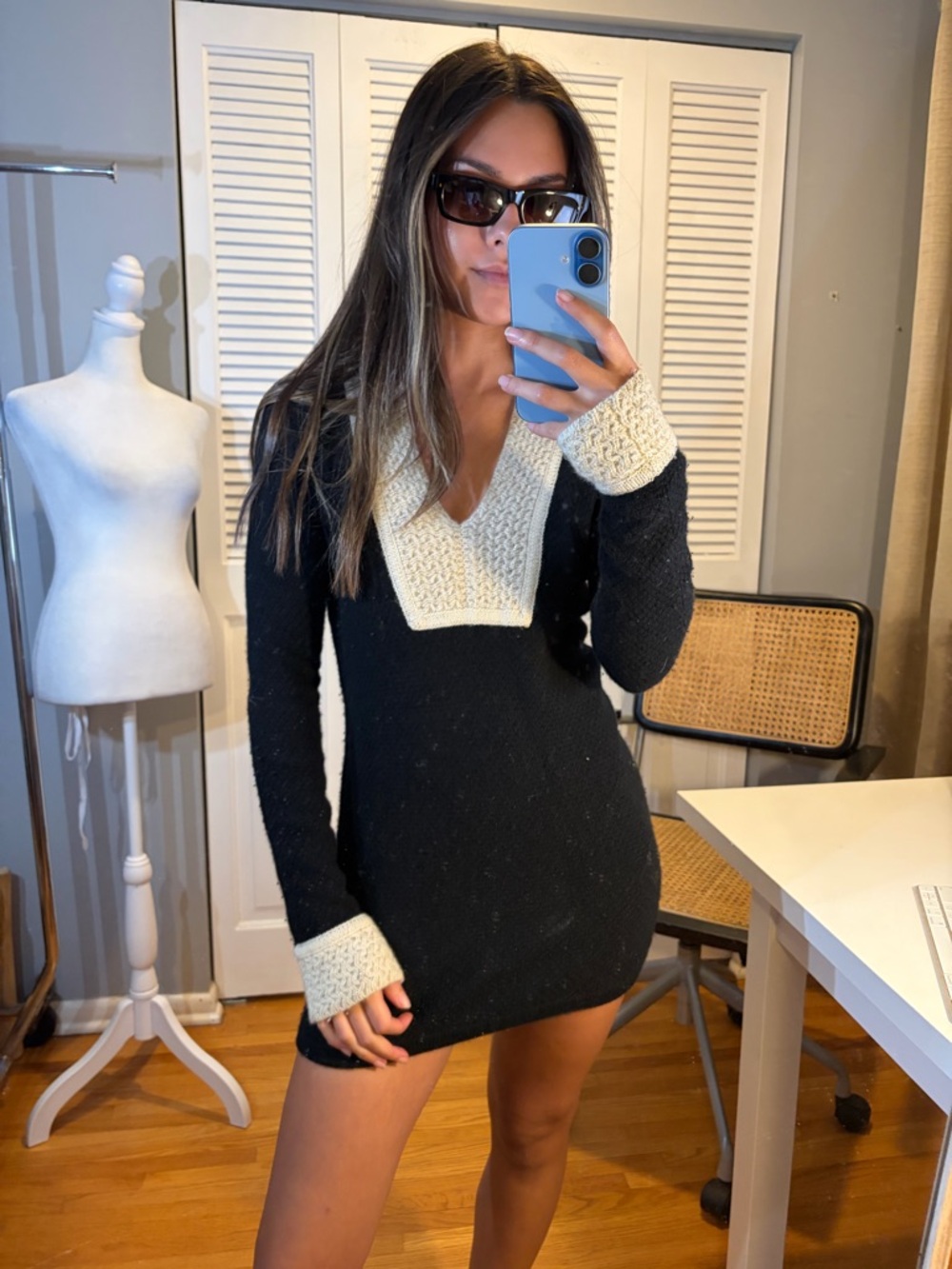 Tory Burch cashmere Black Sweater with Cream Cable-Knit V-Neck